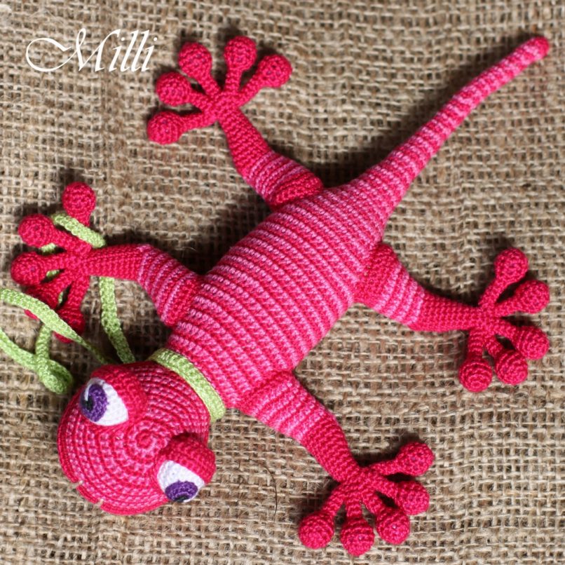 Handmade Baby toy Gecko Pink by MilliCrafts.comHandmade Baby toy Gecko Pink-Red stripes by MilliCrafts.com