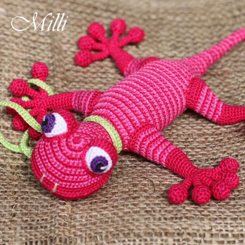 Handmade Baby toy Gecko Pink by MilliCrafts.comHandmade Baby toy Gecko Pink-Red stripes by MilliCrafts.com