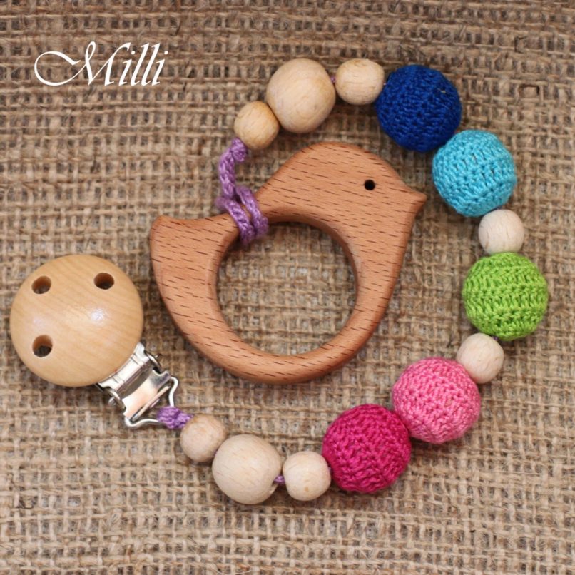 MilliCrafts.com Handmade Natural Wooden Toy -Teether with a clip Bird in Israel