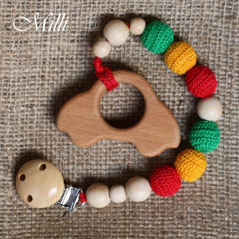MilliCrafts.com Handmade Natural Wooden Toy -Teether with a clip Car in Israel