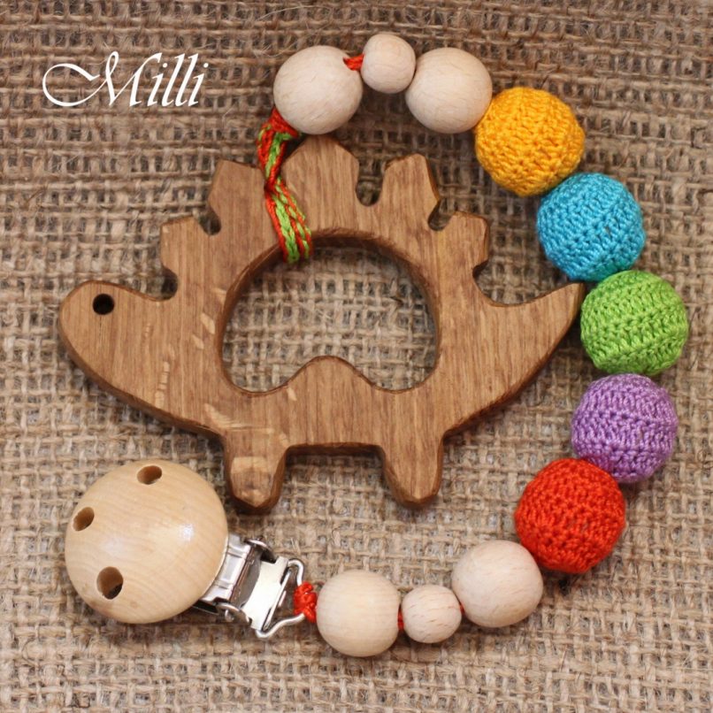 MilliCrafts.com Handmade Natural Wooden Toy -Teether with a clip Dinosaur in Israel