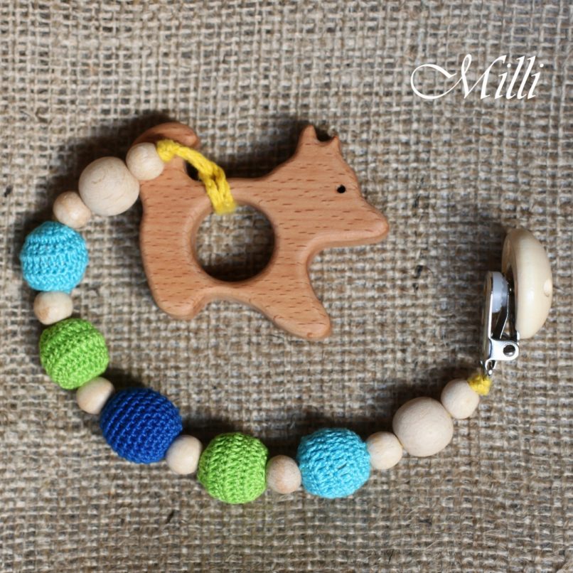 MilliCrafts.com Handmade Natural Wooden Toy -Teether with a clip Dog in Israel
