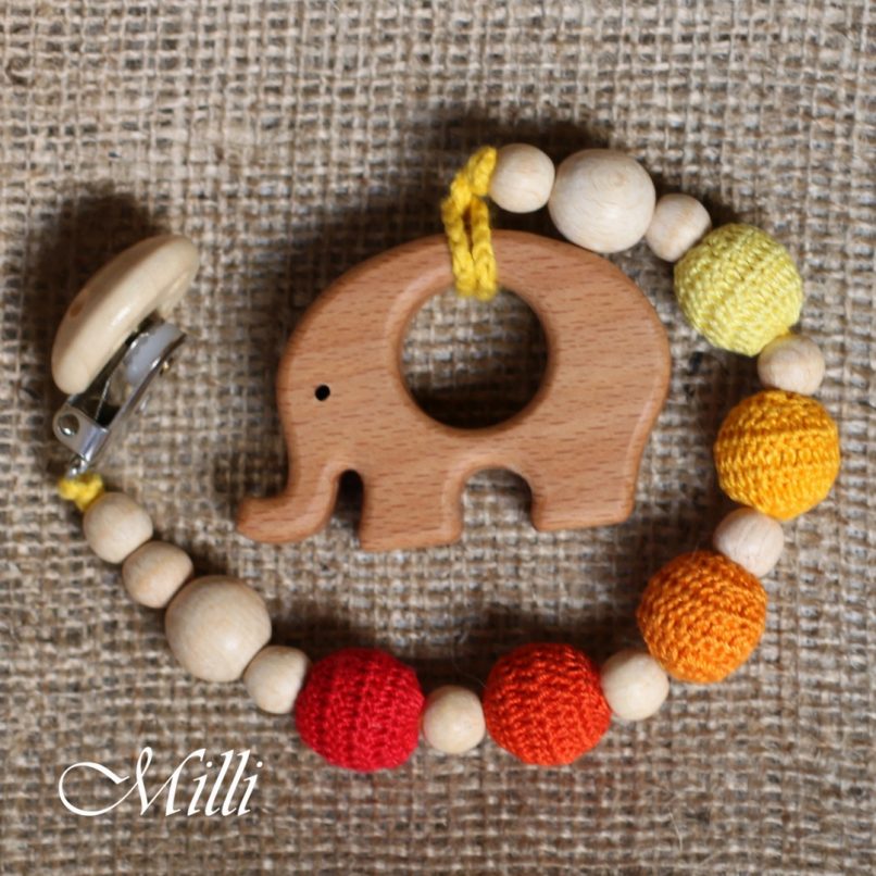 MilliCrafts.com Handmade Natural Wooden Toy -Teether with a clip Elephant in Israel
