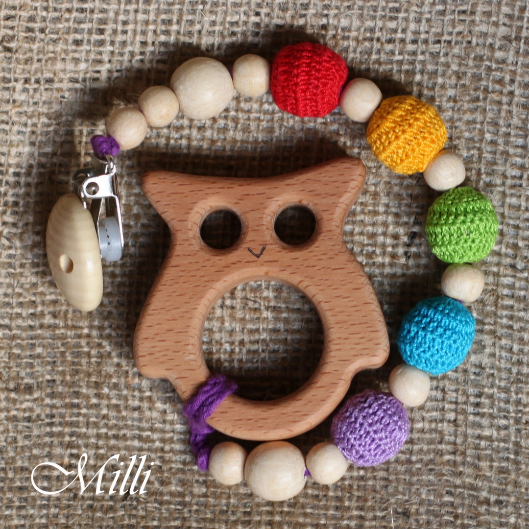 MilliCrafts.com Handmade Natural Wooden Toy -Teether with a clip Owl in Israel