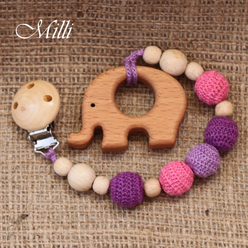 MilliCrafts.com Handmade Natural Wooden Toy -Teether with a clip Pink Elephant in Israel