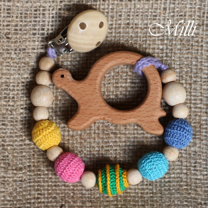 MilliCrafts.com Handmade Natural Wooden Toy -Teether with a clip Turtle in Israel