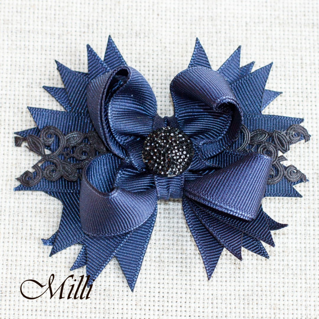 #105 Big hair bow clip Dark Blue Lace by MilliCrafts.com - 1pcs available
