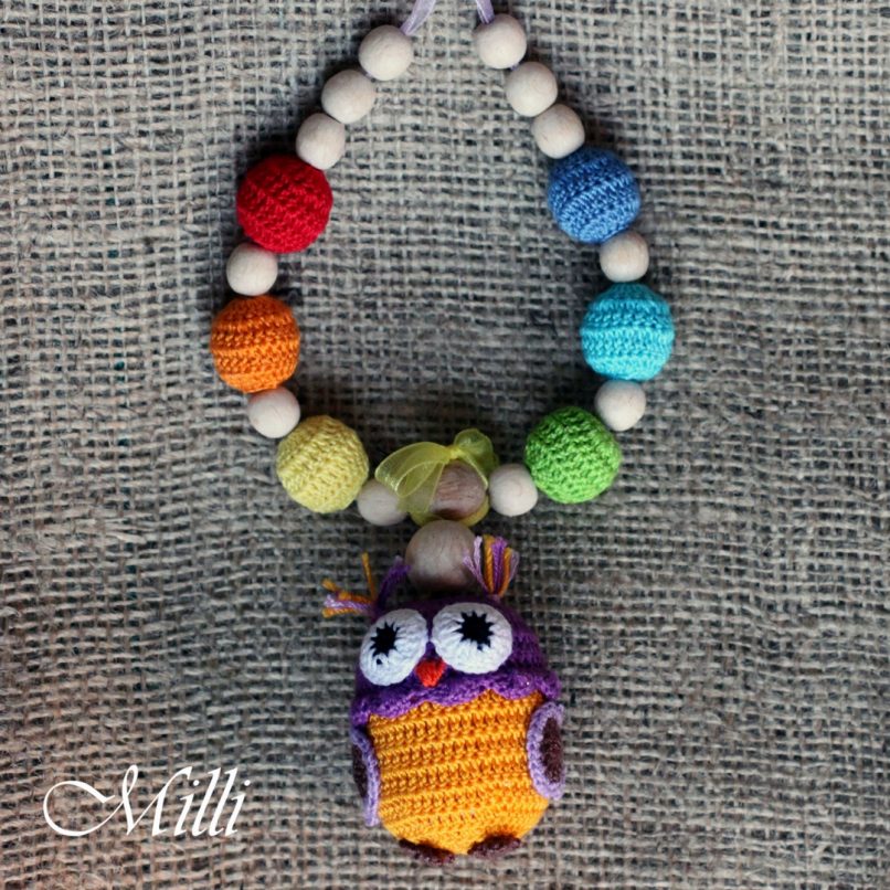 Handmade nursing teething necklace with owl rattle by Millicrafts.com