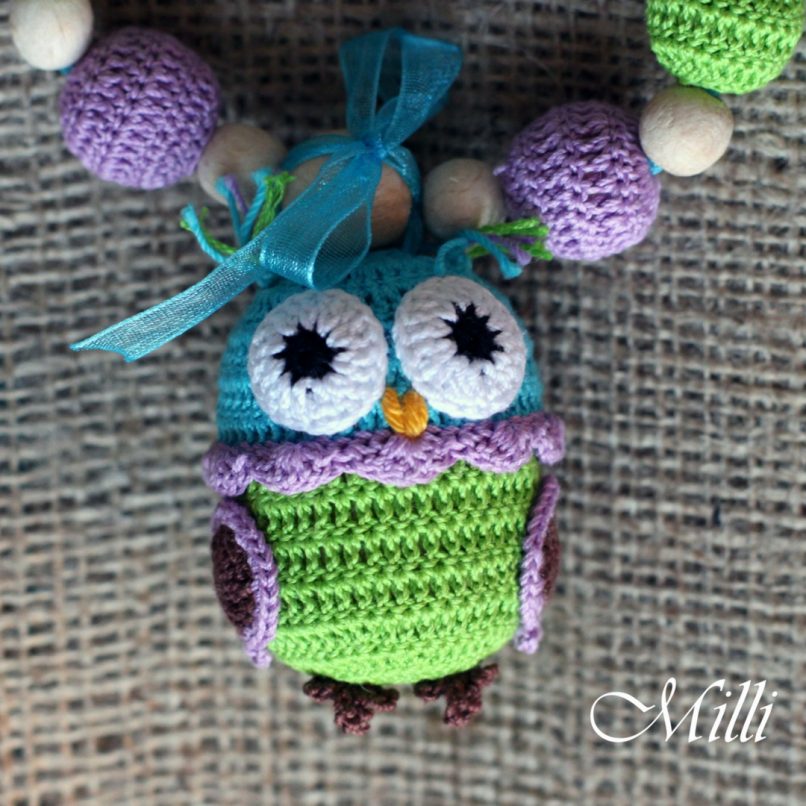 Handmade nursing teething necklace with owl rattle by Millicrafts.com