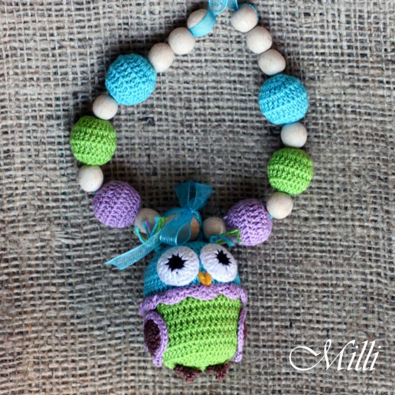 Handmade nursing teething necklace with owl rattle by Millicrafts.com - green and violet