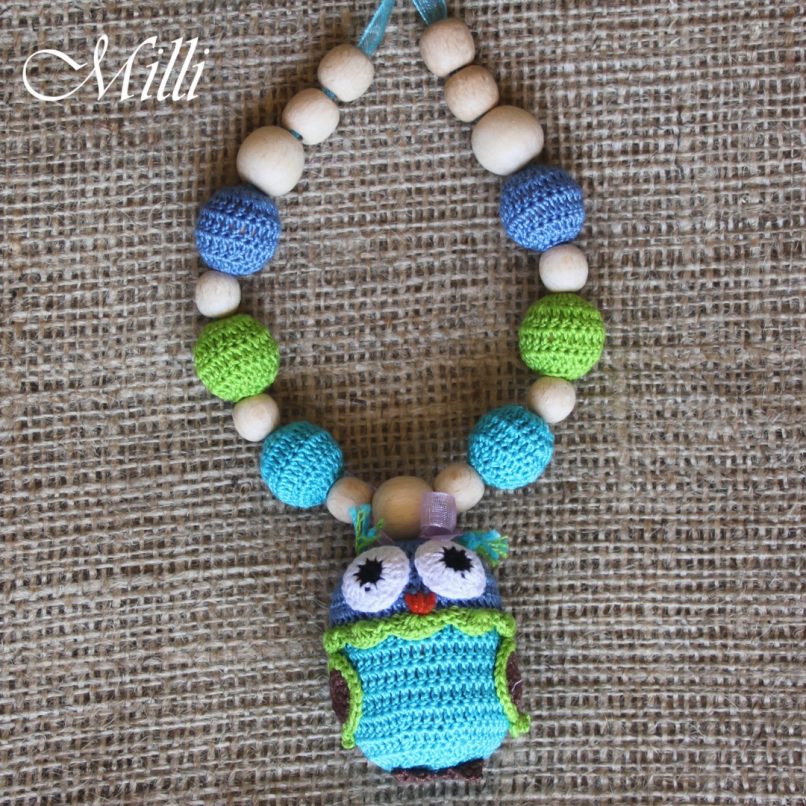 Nursing Necklace owl green-blue millicrafts.com