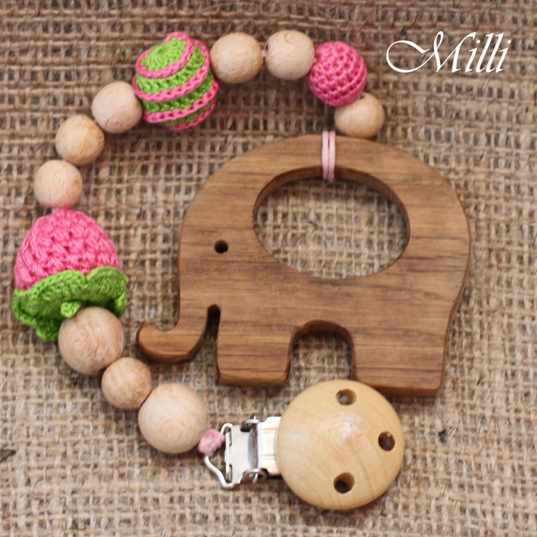 MilliCrafts.com Handmade Natural Wooden Toy -Teether with a clip Elephant in Israel
