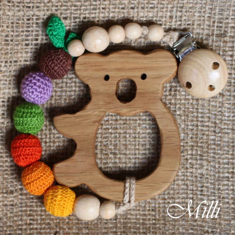 MilliCrafts.com Handmade Natural Wooden Teether with a toy and a clip Koala in Israel