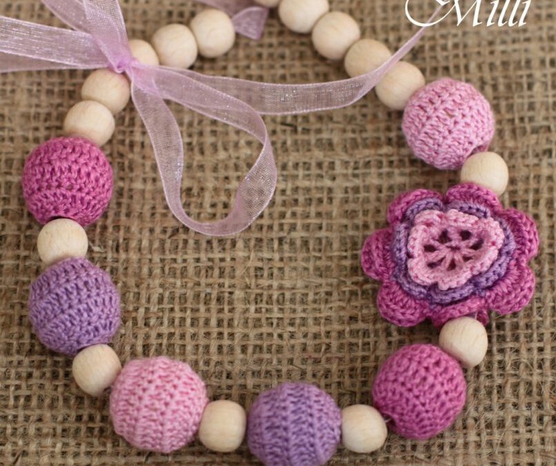 Pink-Violet nursing necklace with a flower by MilliCrafts.com