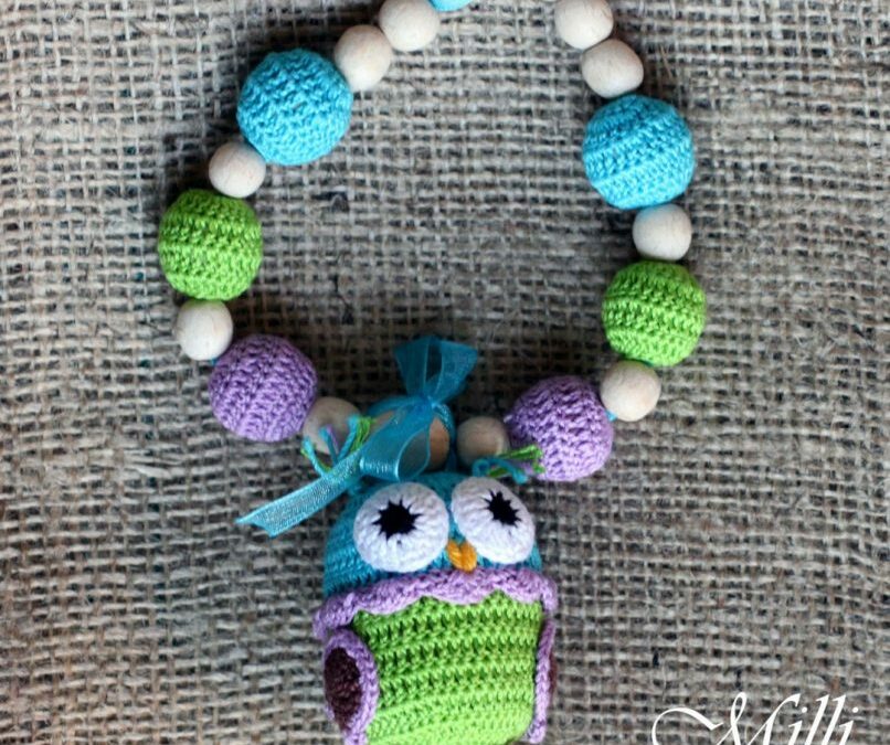 Handmade nursing teething necklace with owl rattle by Millicrafts.com – green and violet