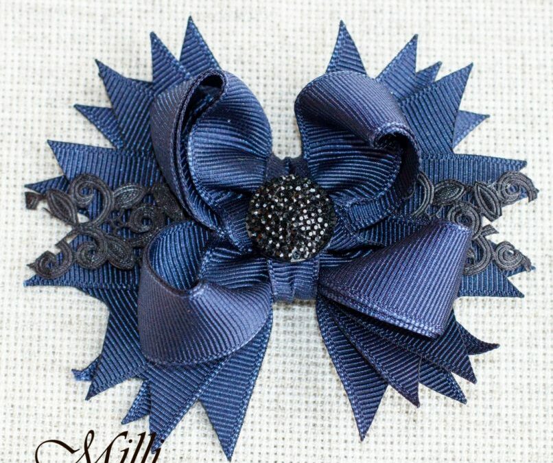 #105 Big hair bow clip Dark Blue Lace by MilliCrafts.com – 1pcs available