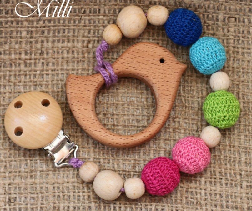 MilliCrafts.com Teether with a clip Bird